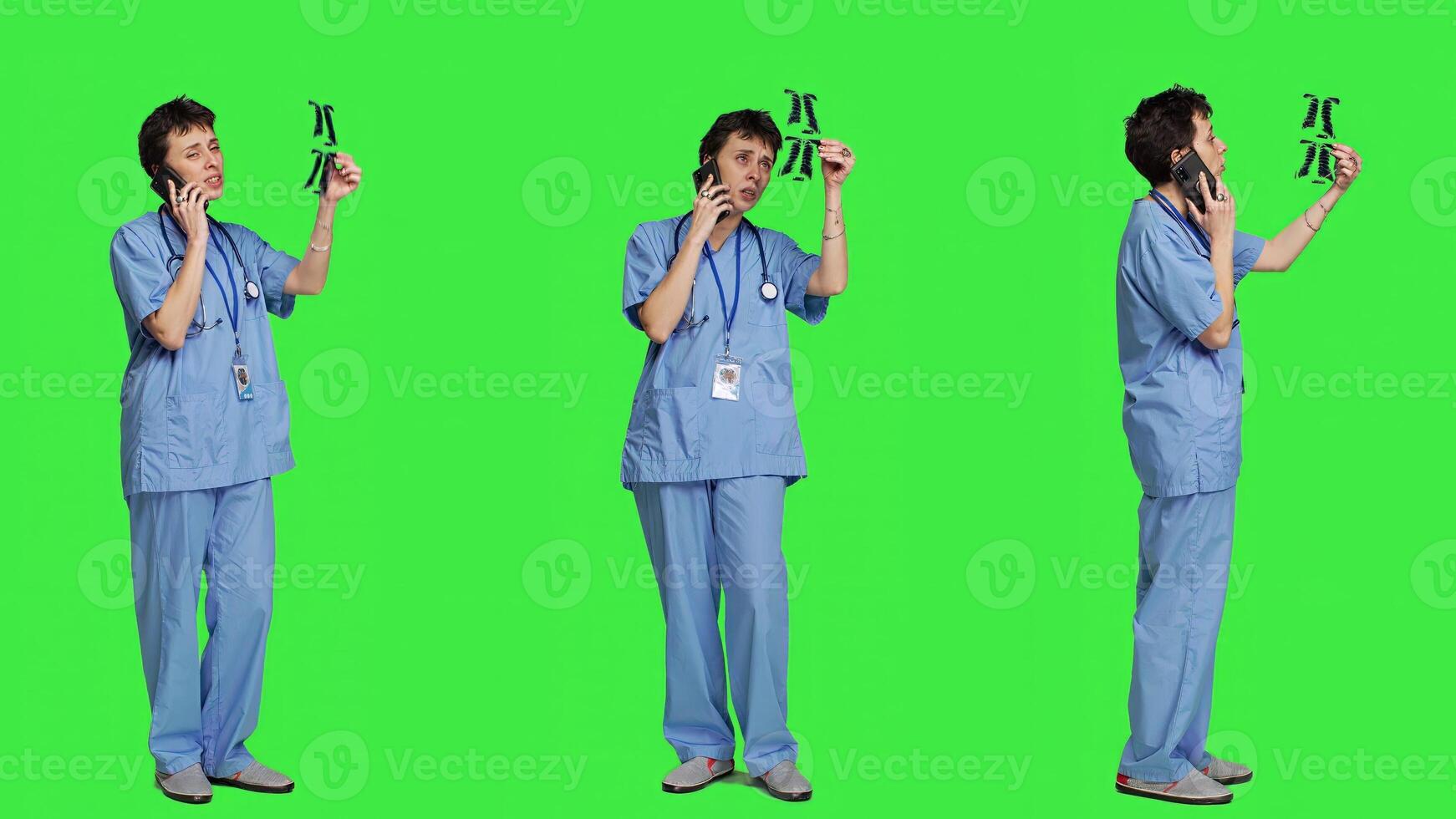Nurse explaining disease diagnosis from x ray to patient on phone call, offering support to person receiving treatment and advice. Specialist examines radiology scan on the telephone line. Camera A. photo