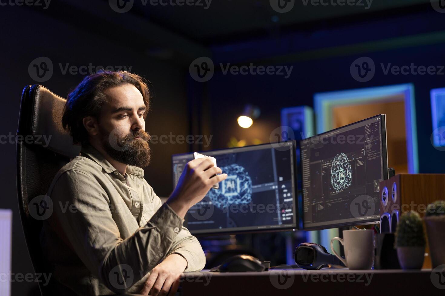 Hacker uploading evolved sentient AI to disk, planning to use it for evil mastermind plan. Rogue programmer putting malware infected artificial intelligence bot in cartridge photo
