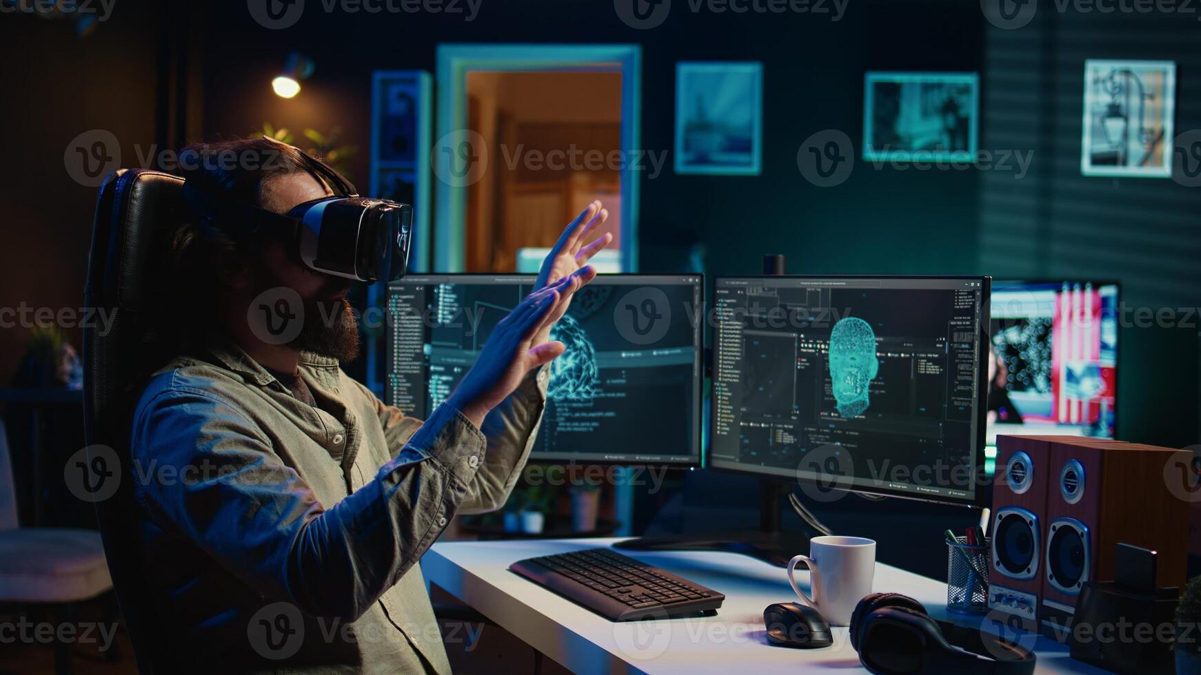 Programmer using VR headset to answer awaken AI gaining consciousness asking existential questions. Developer using virtual reality tech to chat with artificial intelligence, camera B photo