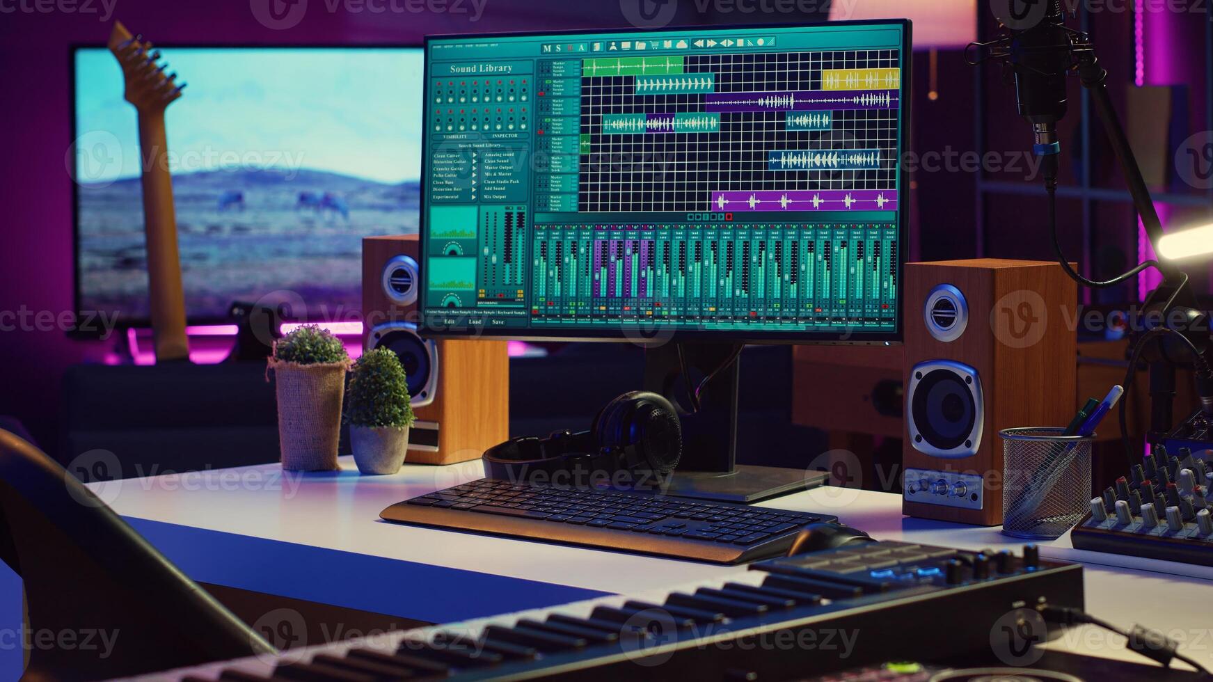 Empty creative space recording tunes and soundtracks with electronic tools, mixing and mastering in music industry. Home studio working with audio effects on songs, acoustics. Camera A. photo