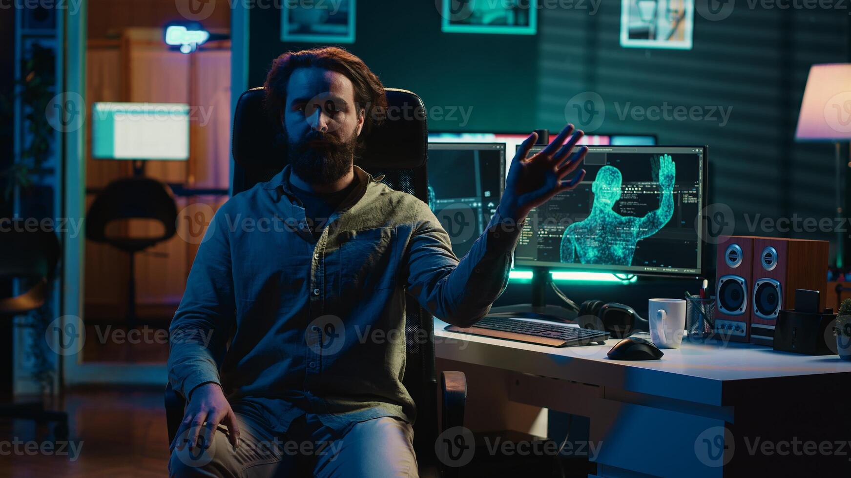 Rogue AI gaining consciousness and controlling programmer body, SF dystopian scenario. Omniscient evil sentient artificial intelligence possessing developer, AI takeover concept, camera A photo