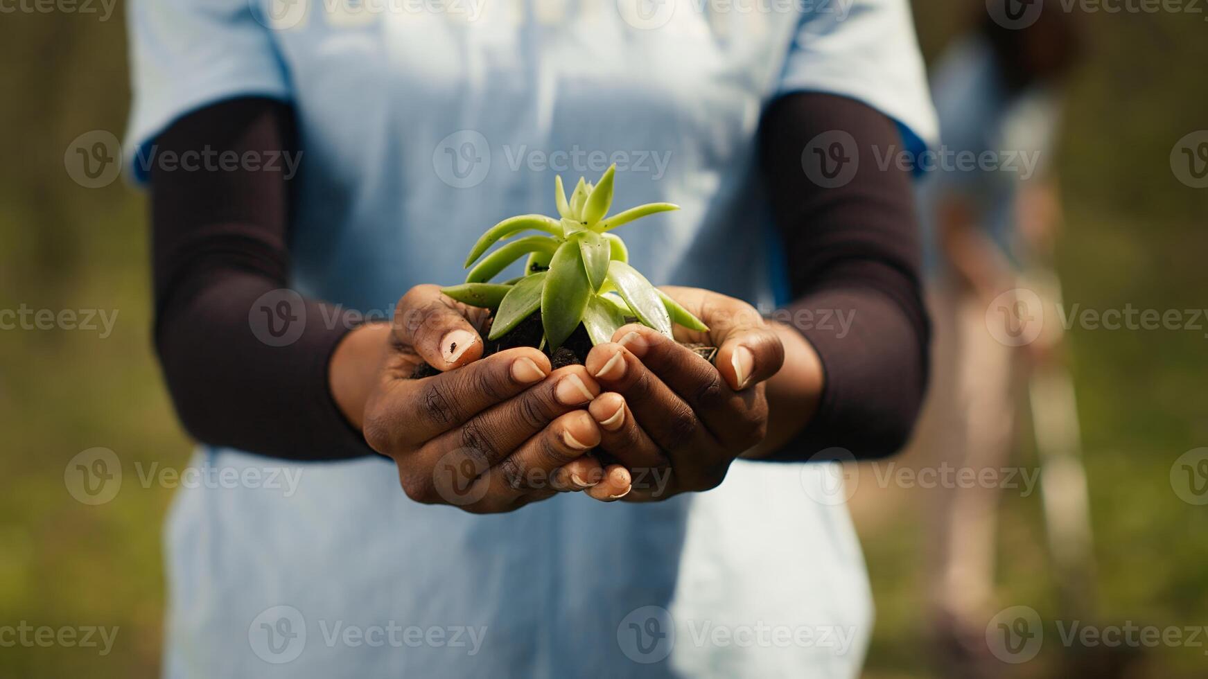 African american girl presenting small sprout with organic soil ready for planting in the ground, preserving nature and forest habitat. Young activist doing voluntary work to grow trees. Camera A. photo