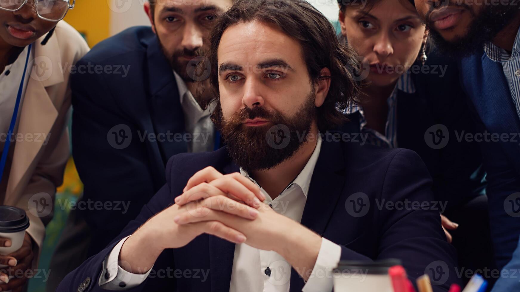 Director examines what his team members worked on at the end of the week, reviewing updates on global development project. Manager leader reading data reports and conclusions. Camera A. photo