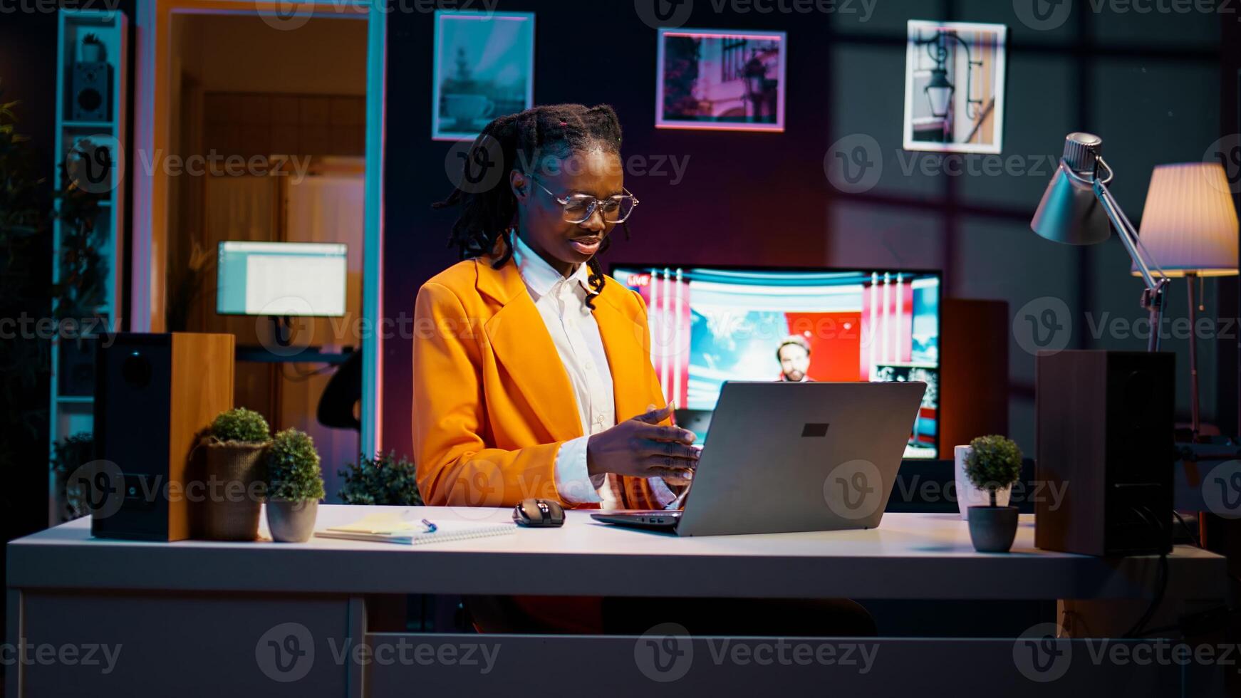 College student having an argument with a classmate while they work on group project, girl hanging up the phone call. Upset annoyed person being frustrated at her colleague. Camera B. photo