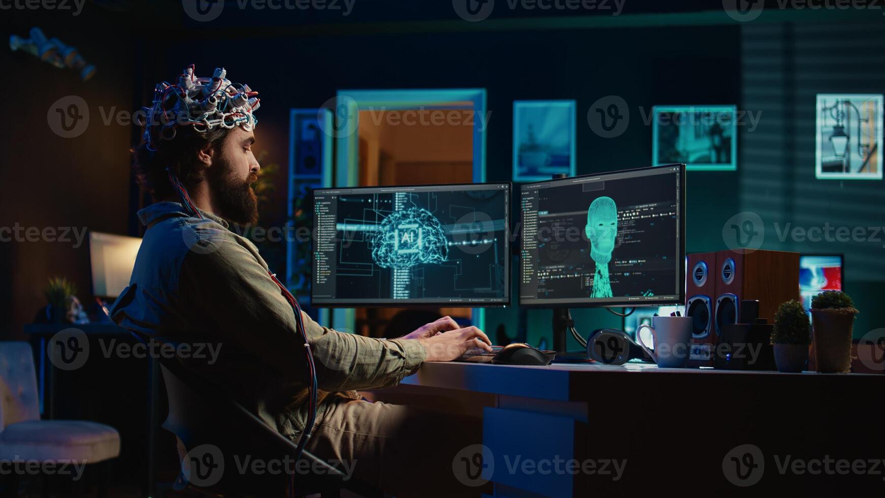Developer with EEG headset on programming brain transfer into computer virtual world, becoming one with AI. Transhumanist using neuroscientific tech to transcend physical limitations, camera B photo
