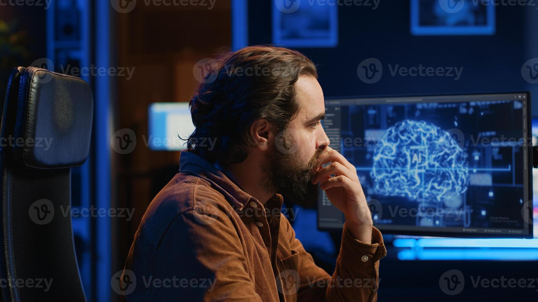 Programmer using computer to update artificial intelligence neural networks, drinking coffee and writing code scripts in home office. IT admin enjoying hot beverage while programming AI, camera A photo