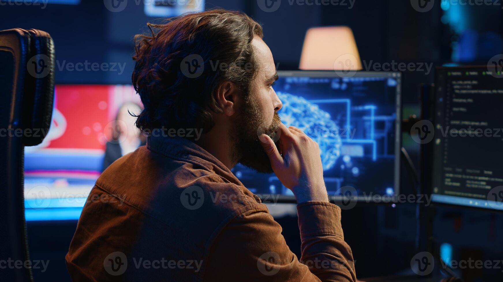Computer scientist writes code on PC to visualize artificial intelligence neural networks. Remote IT worker runs AI script for information processing from personal office, camera A photo