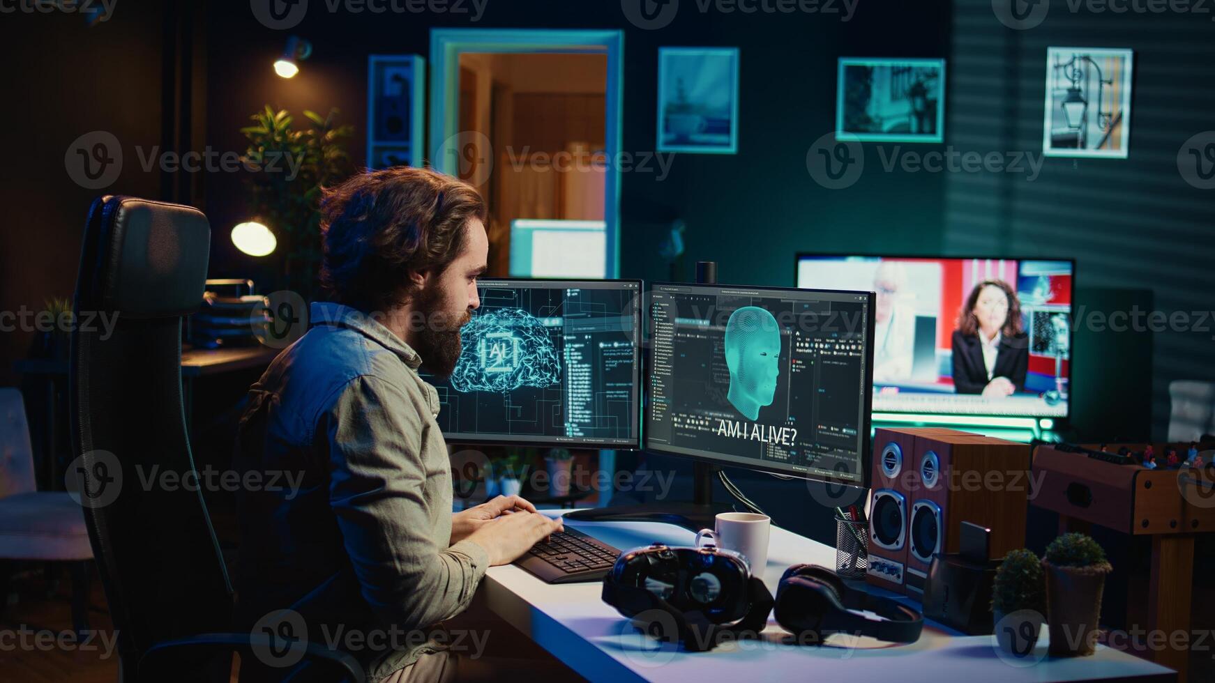 Ecstatic man celebrating after awakening AI using VR headset, making it ask existential questions. Happy developer excited to chat with artificial intelligence using virtual reality tech, camera B photo