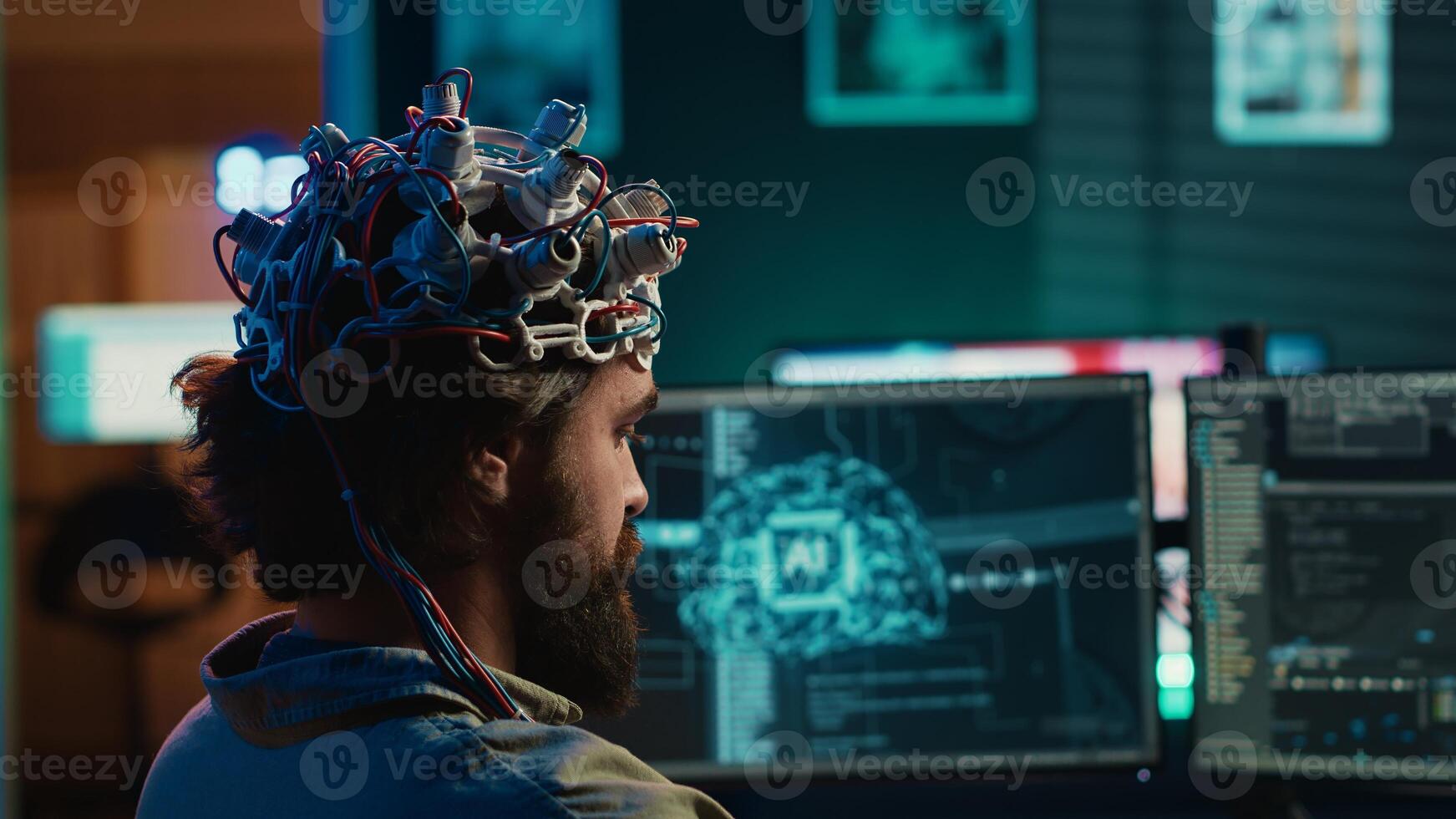 Developer using EEG headset device to upload his brain into computer, attaining immortality. Neuroscientist runs experiment, transfers consciousness into cyberspace, transhumanism concept, camera A photo
