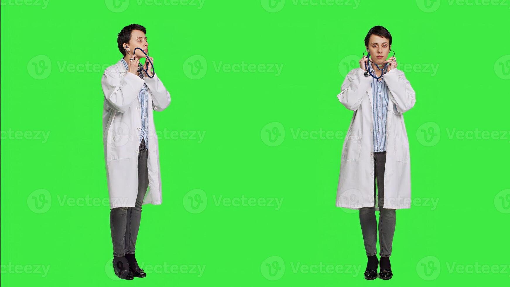General practitioner with a white coat using stethoscope in studio, preparing to examine patients at checkup appointments. Female doctor in uniform standing against greenscreen backdrop. Camera A. photo
