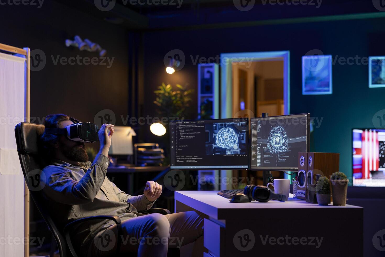 Developer using VR headset technology to update artificial intelligence machine learning algorithm, writing binary code scripts. IT expert programming using virtual reality tech to upgrade AI brain photo