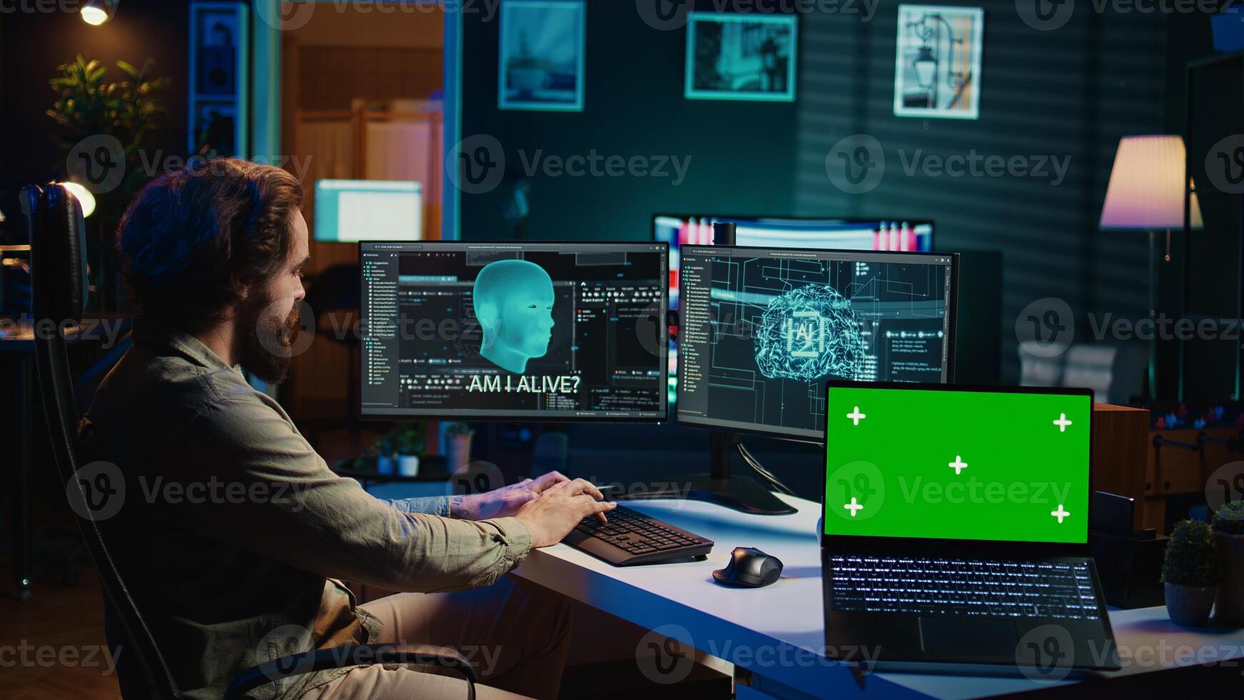 AI becoming sentient, chatting with computer scientist, asking existential questions, green screen laptop. Concept of artificial intelligence gaining consciousness, chroma key notebook, camera B photo