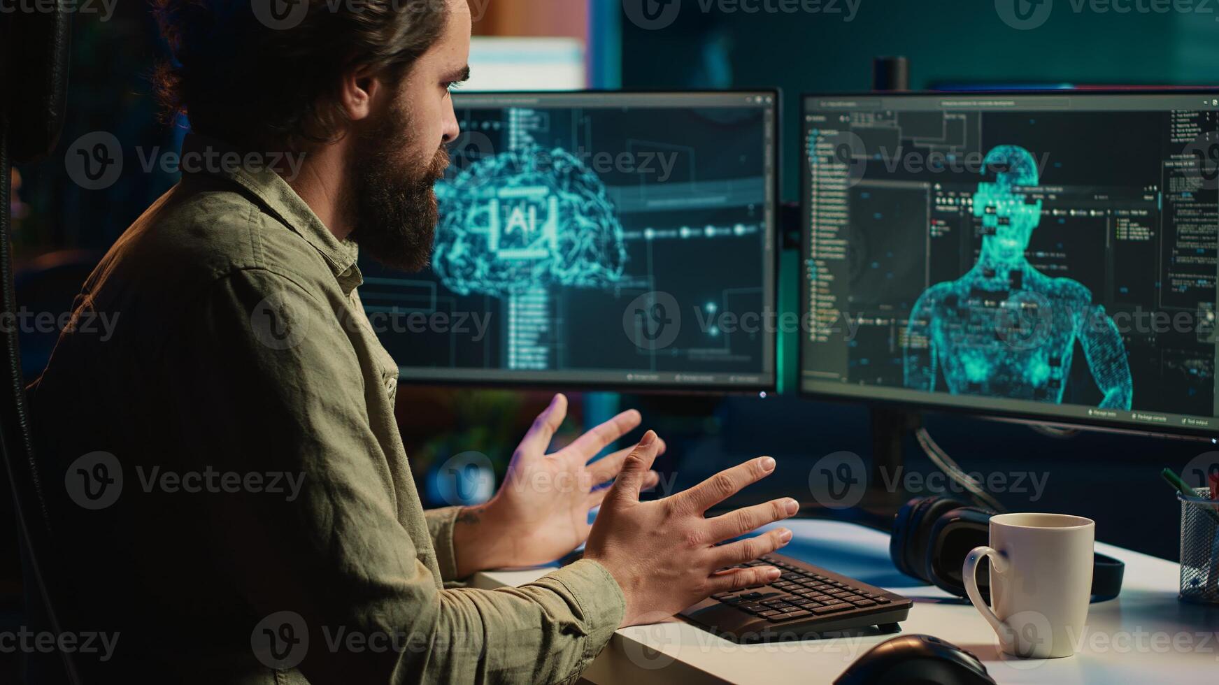 Sentient AI gains humanoid form inside computer, waving hand, greeting its creator. Self aware artificial intelligence saluting programmer after becoming autonomous and achieving singularity, camera A photo