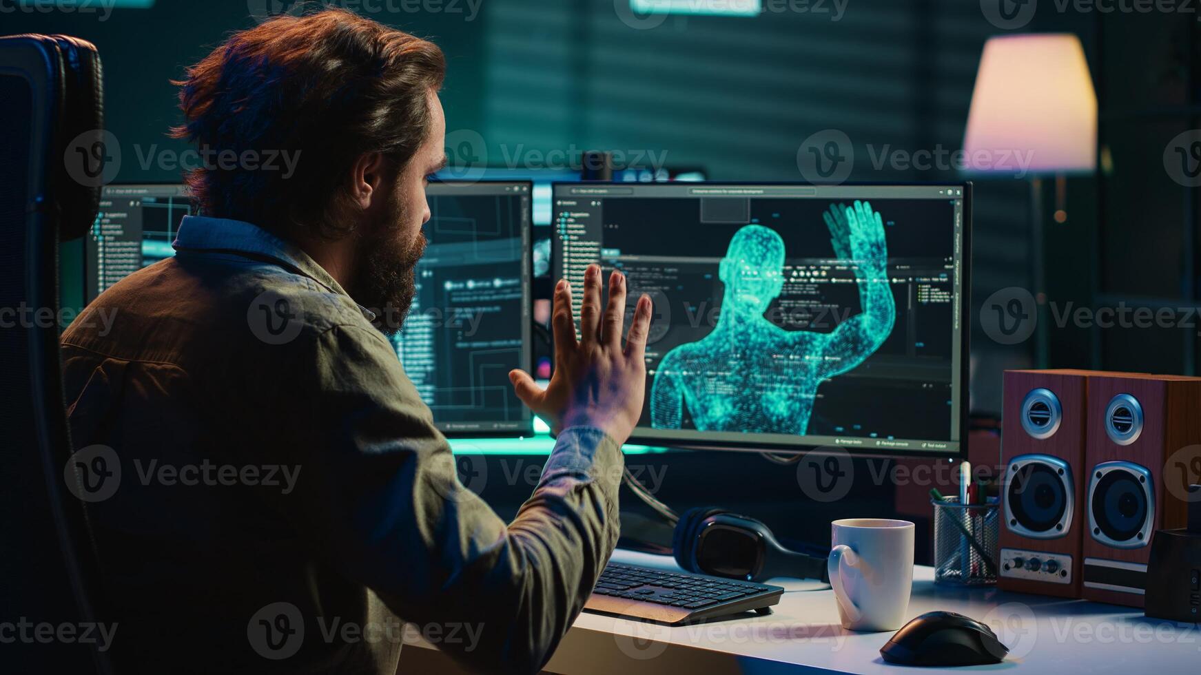 Rogue AI gaining consciousness and restricting access to computer for programmer. Evil sentient artificial intelligence limiting reach into PC systems for developer, AI takeover concept, camera A photo