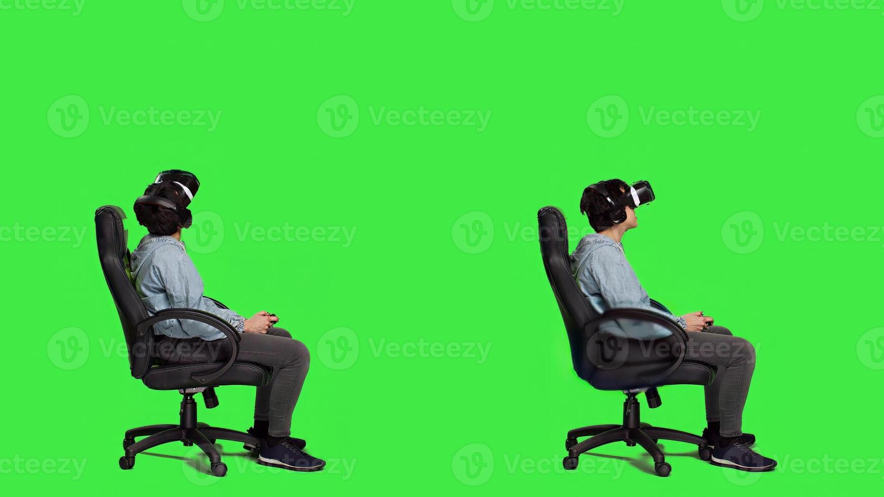 Gamer winning and losing at games console tournament, using virtual reality interactive glasses against greenscreen backdrop. Woman feeling sad and happy about victory or failure. Camera A. photo