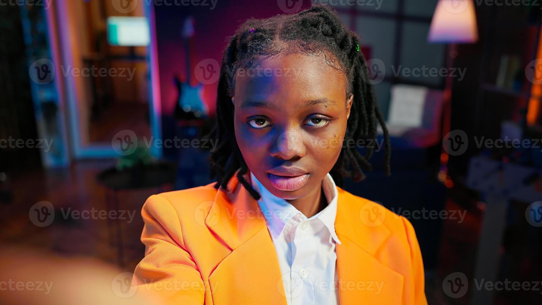 POV of student discussing with her classmates on online videocall, working on a group project and exchanging suggestions on web conference. Girl sharing her seminar notes with colleagues. Camera A. photo