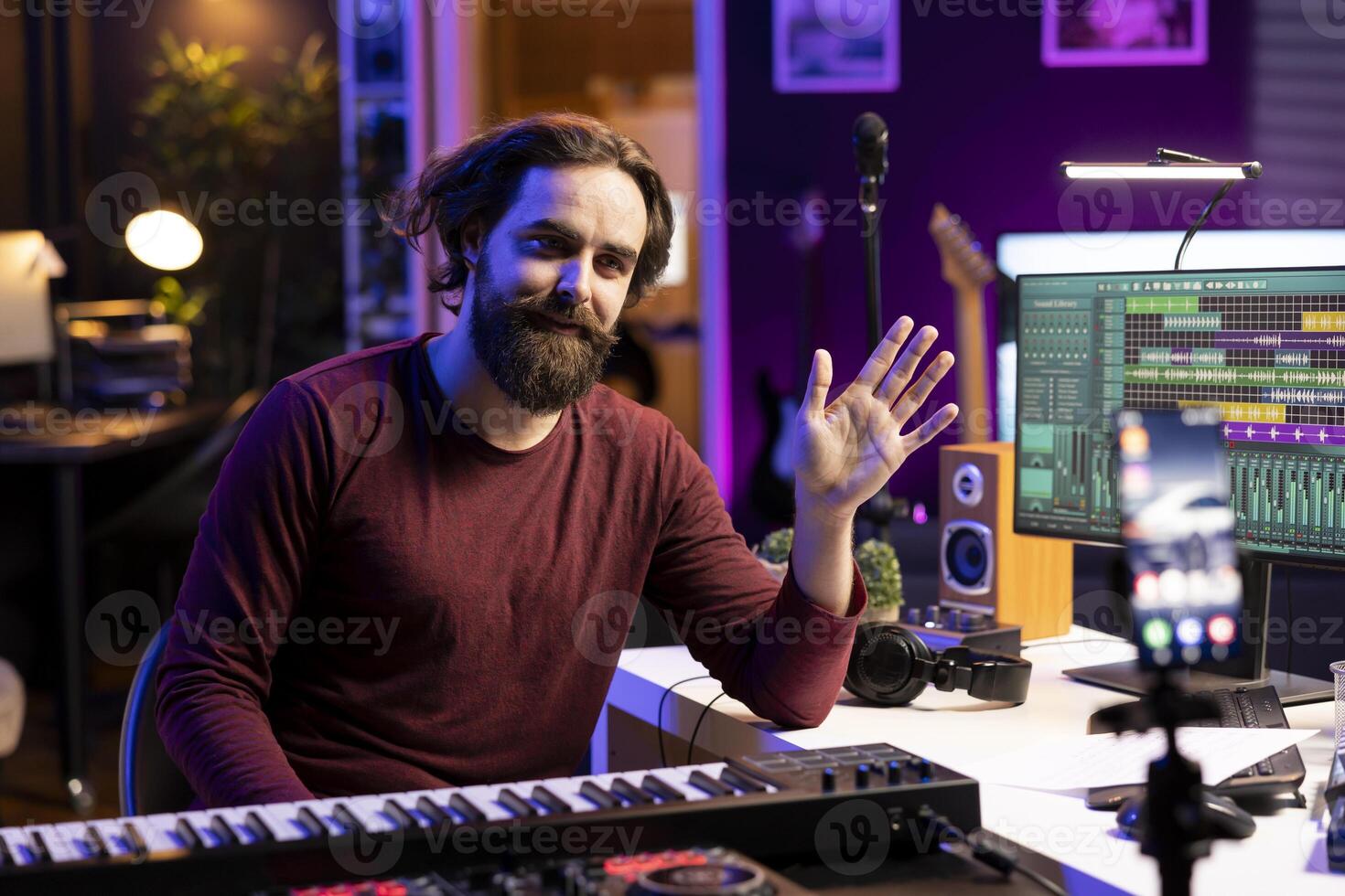 Skilled piano teacher conducting online master class via on internet, teaching people how to hit the right notes on synthesizer. Popular musician doing electronic keyboard classes. photo