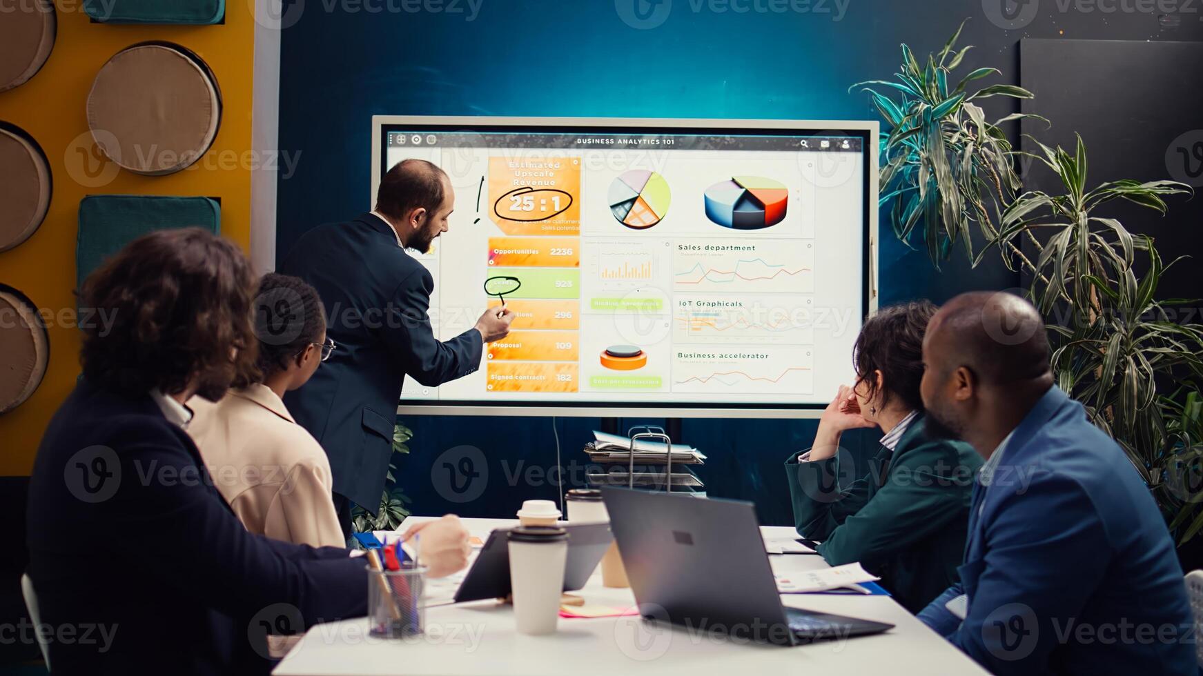 Human resources manager addressing the need of new talent within the business organization, creating a pitch for obtaining new collaborations under signed contracts for development. Camera B. photo