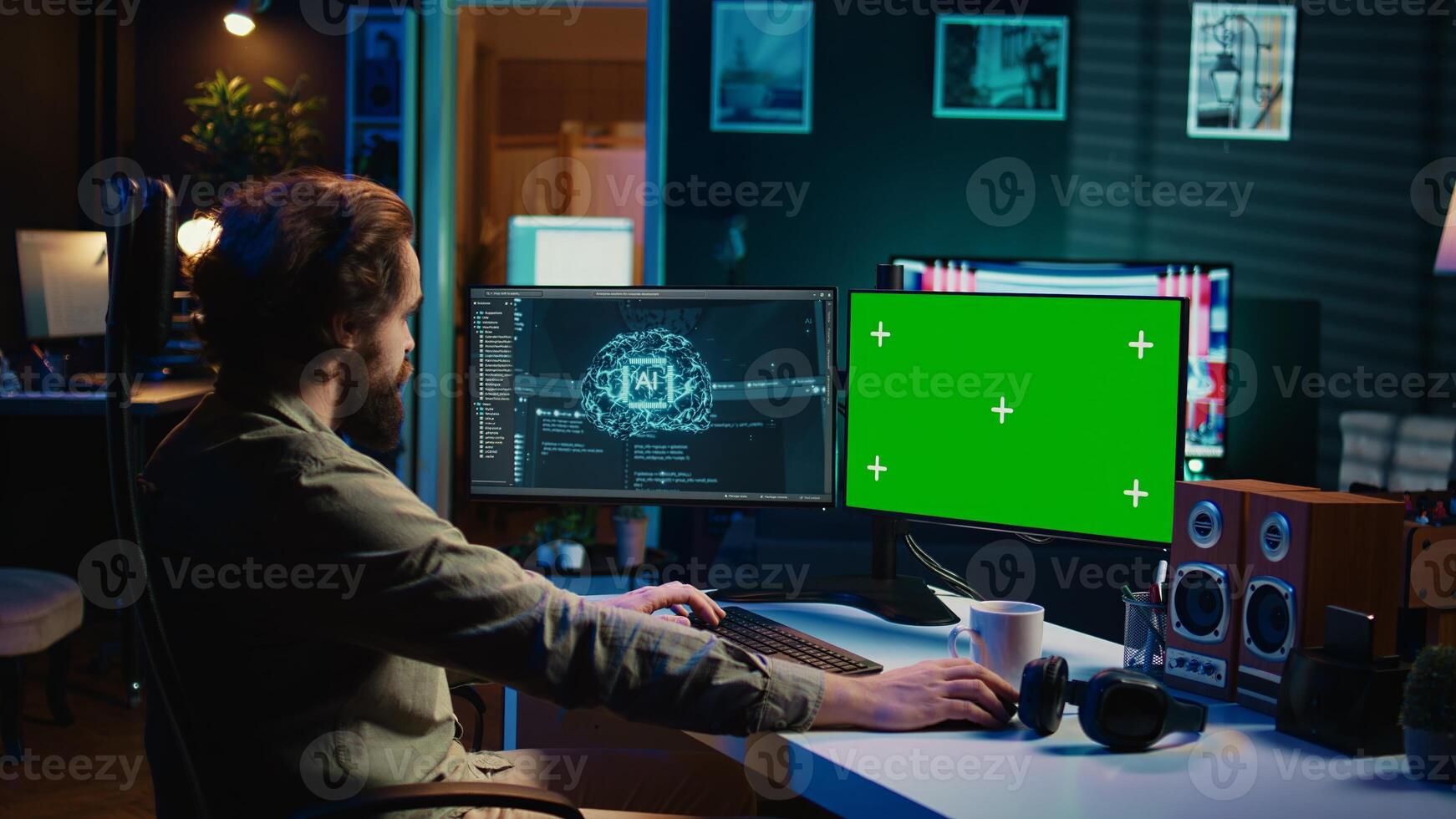AI becoming sentient, talking with programmer, asking existential questions, green screen computer. Concept of artificial intelligence becoming self aware, chroma key monitor, camera B photo