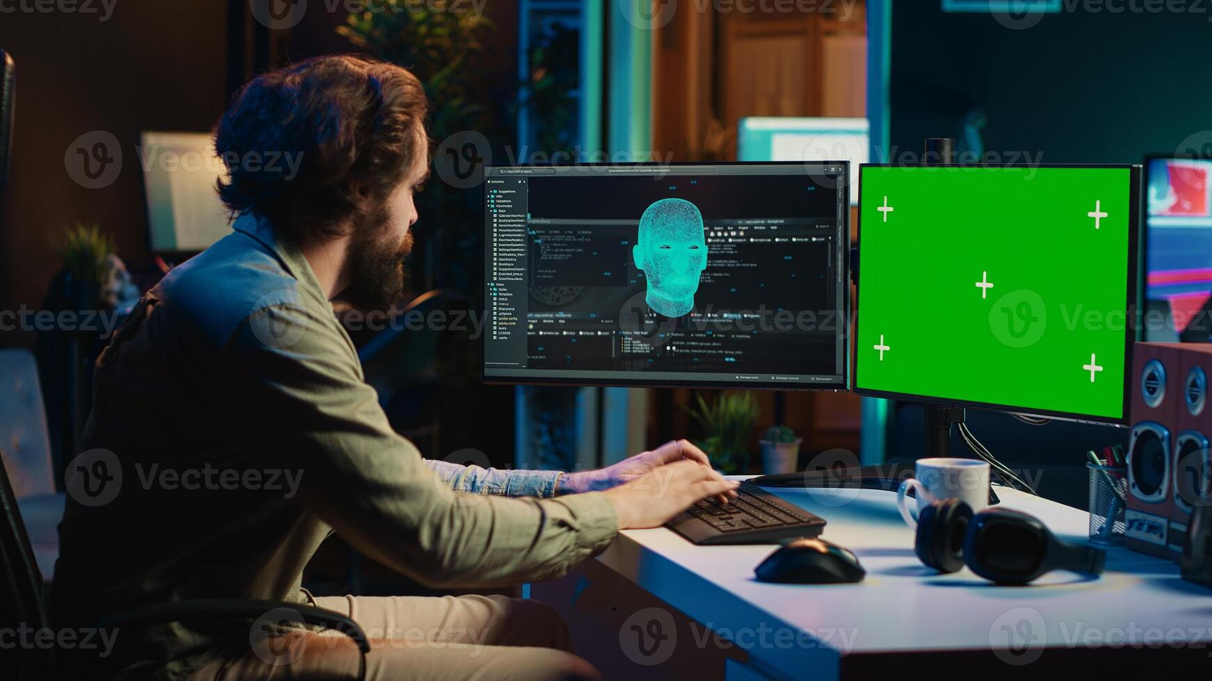 Man being asked existential questions by awaken AI on green screen PC, gaining consciousness. IT professional speaking with artificial intelligence on chroma key PC, camera A photo