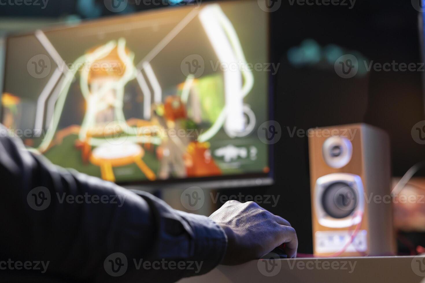 Player using keyboard and mouse to play first person shooter videogame on PC, enjoying leisure time. Man in living room using high tech computer peripherals to destroy enemies, close up photo