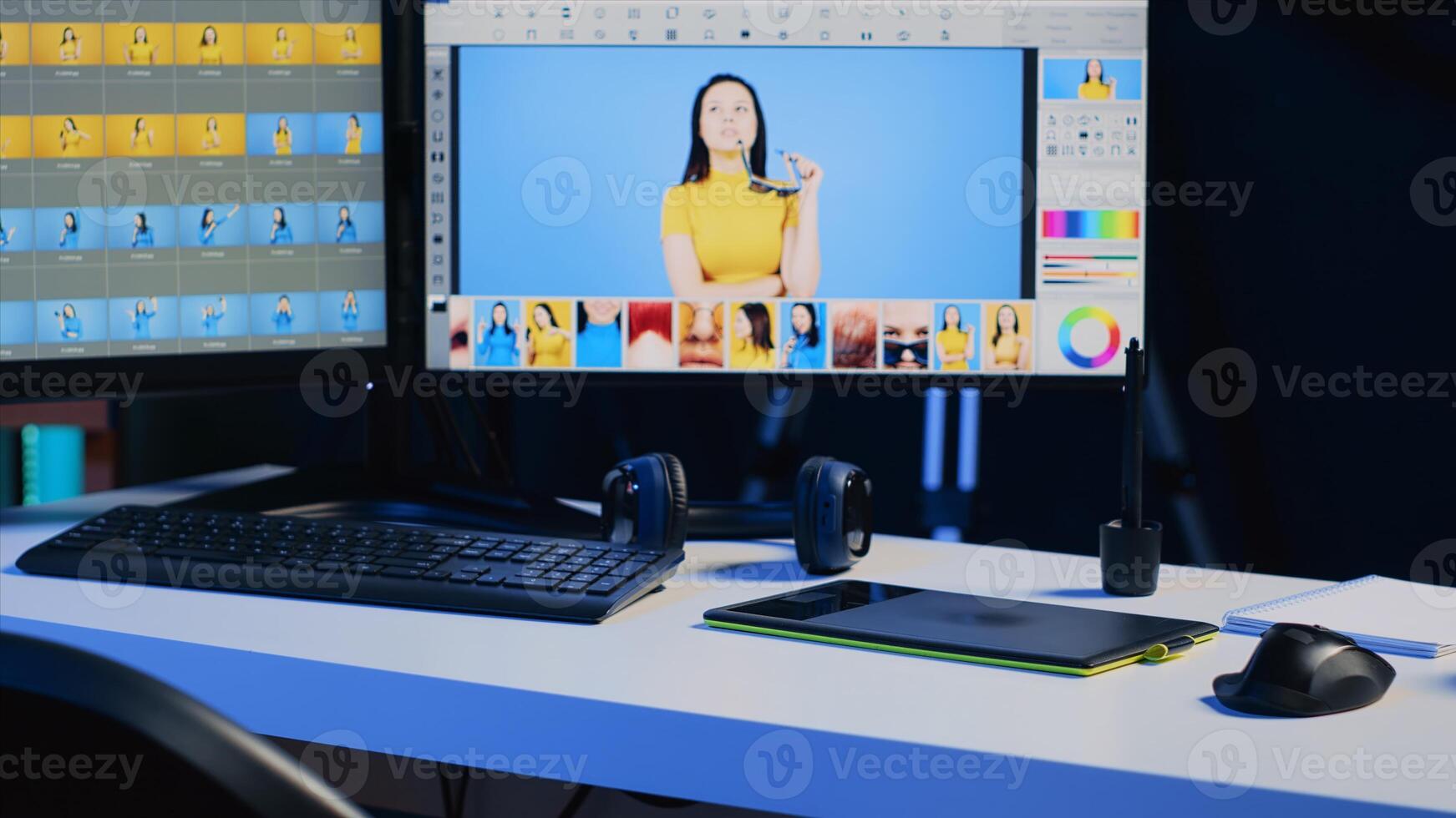 Photo editing software on PC display and graphic tablet on desk in empty multimedia creative studio. Industry standard retouching program on computer screen and touchscreen device, panning shot