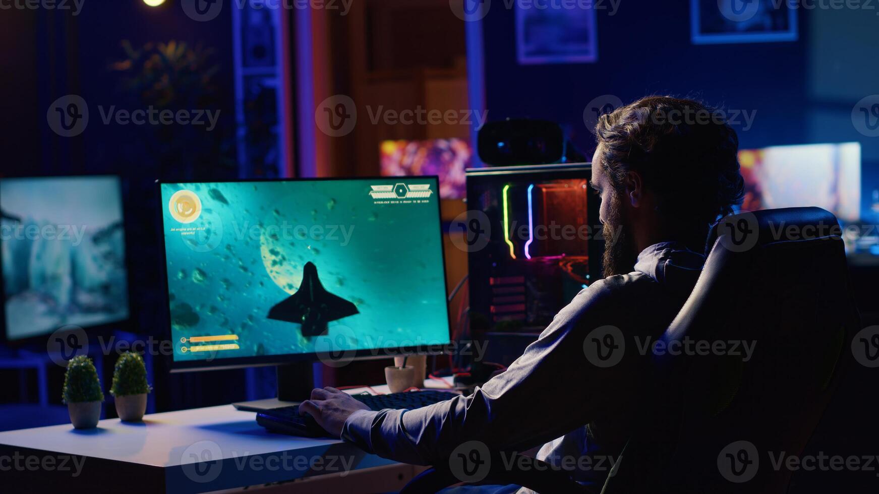 Man playing spaceship flying singleplayer game with overlay HUD showing health, fuel, ammo bars and minimap. Gamer navigating with spacecraft in galaxy, shooting at asteroids photo