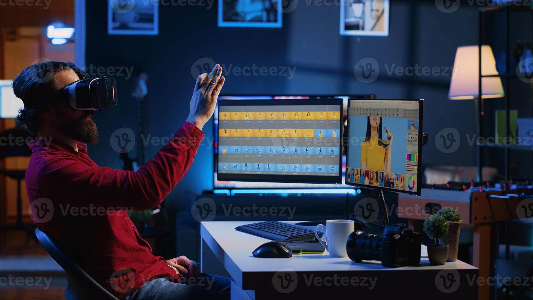Photo editor using VR headset to color correct photographs in high tech creative studio. Photographer selecting best pictures for editorial content with futuristic virtual reality technology