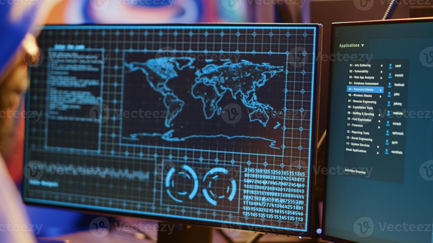 Meticulous hacker typing on computer keyboard, doing data breaches and financial theft in dark bunker. Close up shot on cybercriminal stealing users bank account credentials photo