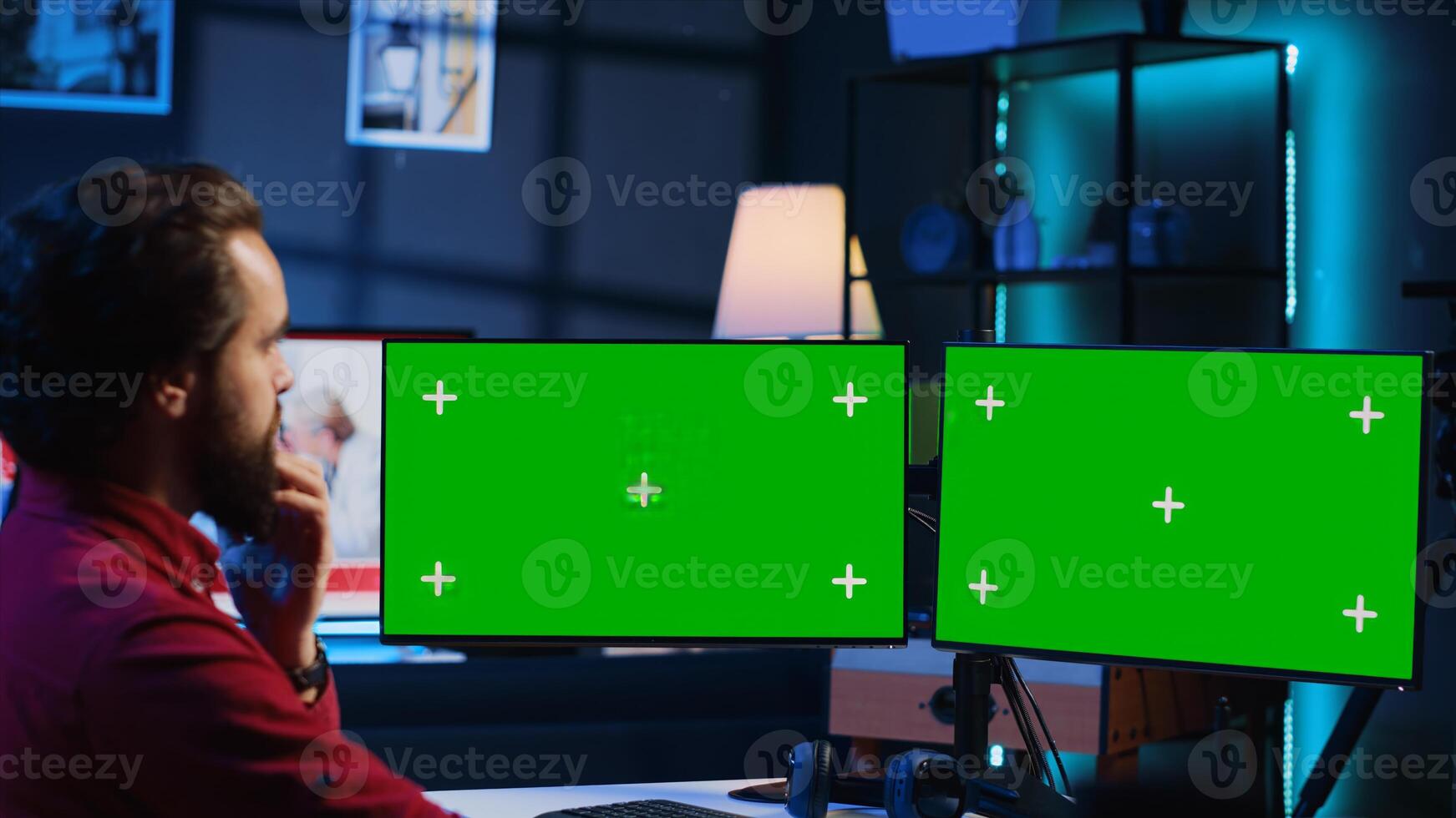 Content specialist uses graphic design skills to make social media post on isolated screen multi monitor setup for advertising company. Photo editor using mockup PC display to create promotional image