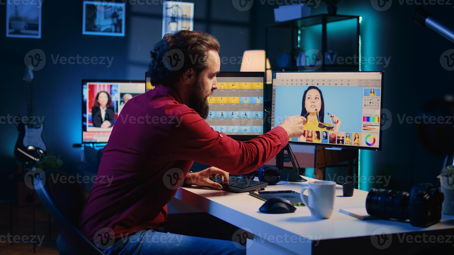 Photographer filming online tutorial for niche audience on how to use photo editing software, teaching how to navigate menus, recording with professional camera in apartment studio