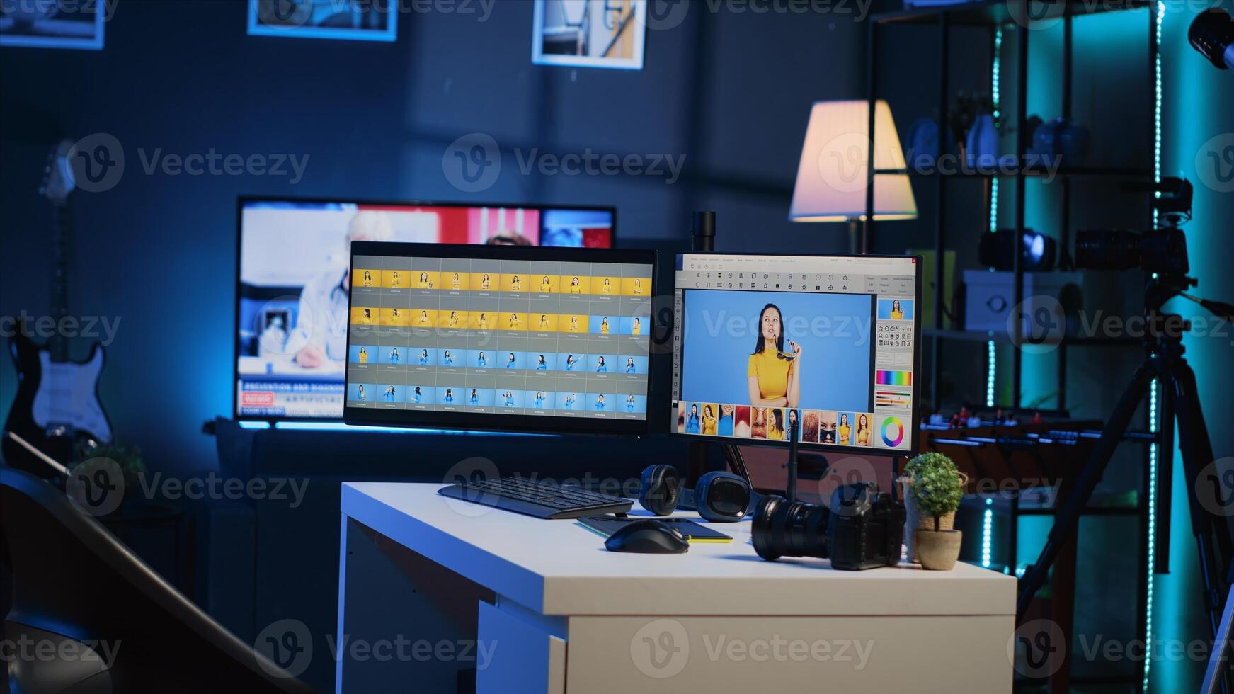 Cutting edge creative office in media company with multi monitor computer setup used for image retouching. Professional post processing studio with editing software interface on PC screens photo