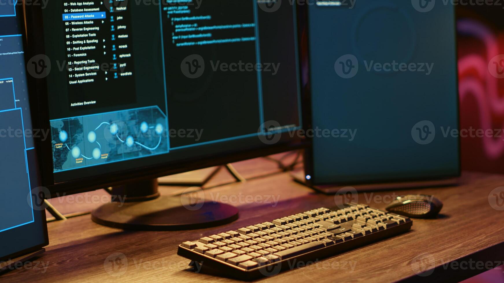 Close up shot of software interface on computer screens showing malicious hacking developer code. Malware programming systems activating in empty criminals den with graffiti sprayed on walls photo