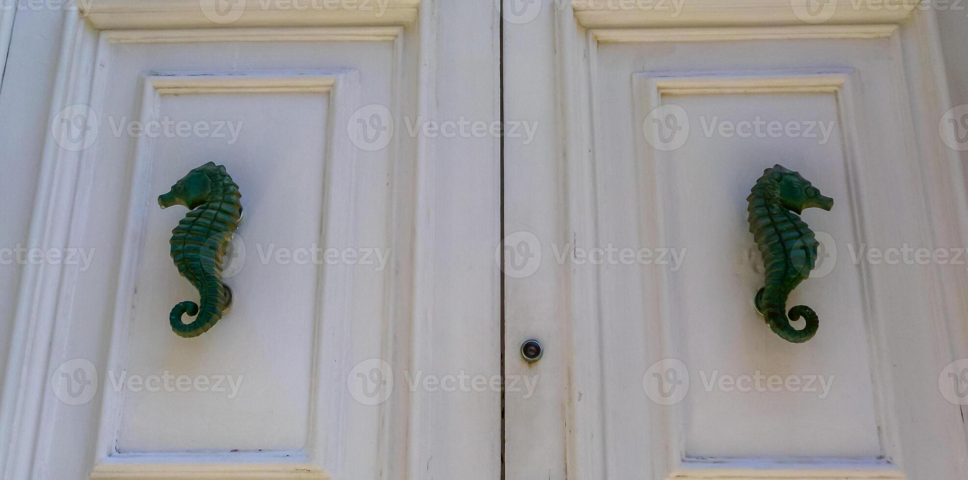 Traditional copper handle and door knocker on wooden doors of old houses in Malta photo