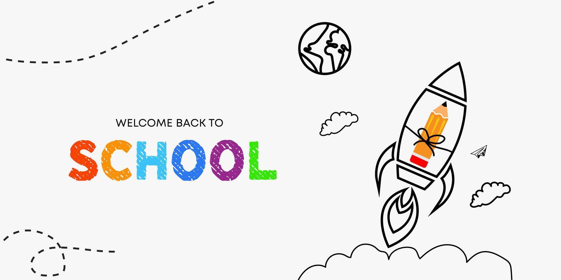 Back to School with rocket pencil launching to space. learning and tutorials Web page template vector