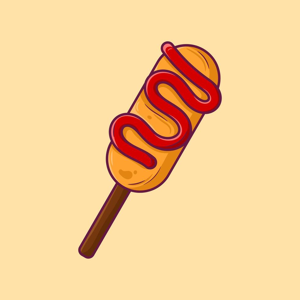Illustration of a corndog with ketchup in cartoon style. Fast food corn dog flat design illustration vector