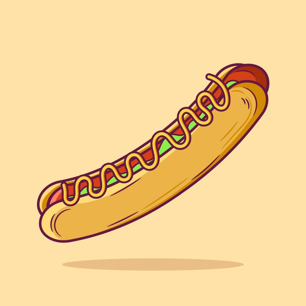 Illustration of a hotdog with mustard in cartoon style. Delicious fast food fillustration vector