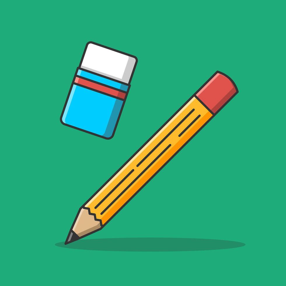 Flat illustration of a pencil and eraser in cartoon style. School item stationary concept vector