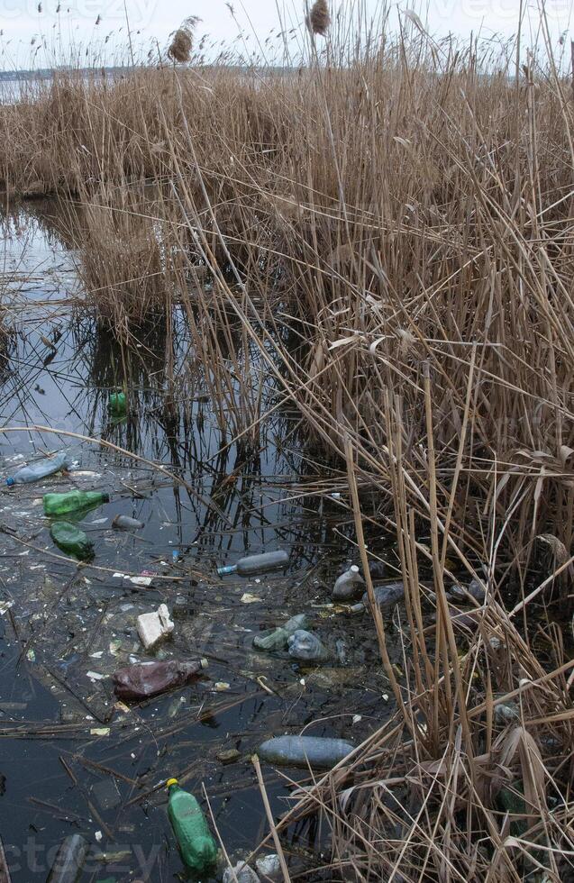 Environmental problem, garbage. Contamination with debris and plastic of natural reservoirs. Ukraine photo