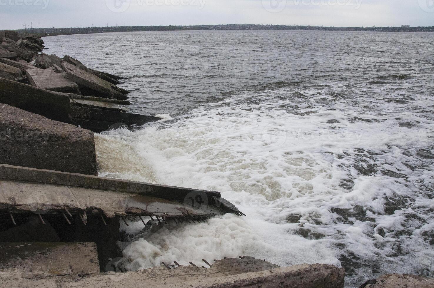 Ecological problem. Discharge of dirty sewage water into the inner reservoir. The threat to the biological diversity of Ukraine photo