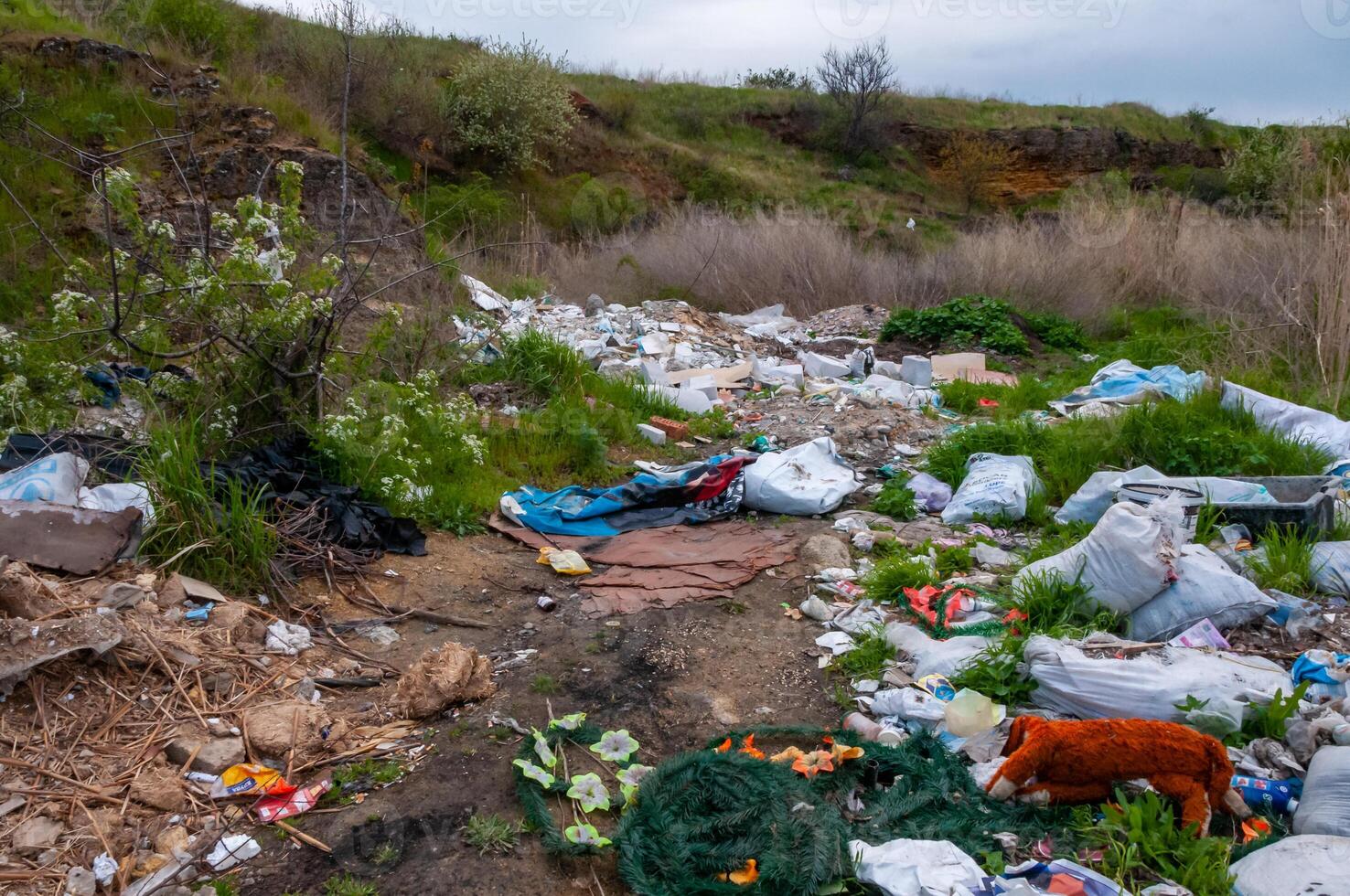 Heaps of plastic trash on the shore of the reservoir. Ecology of nature photo