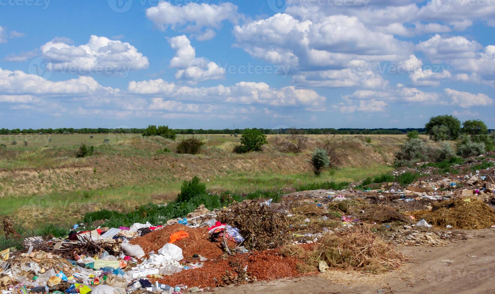 Pollution of nature, spontaneous garbage dump in the field, environmental problem of Ukraine photo