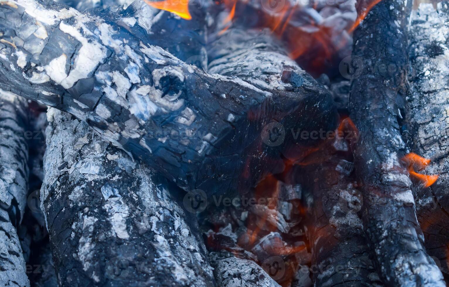 Firewood burning in the brazier, smoldering log coals photo