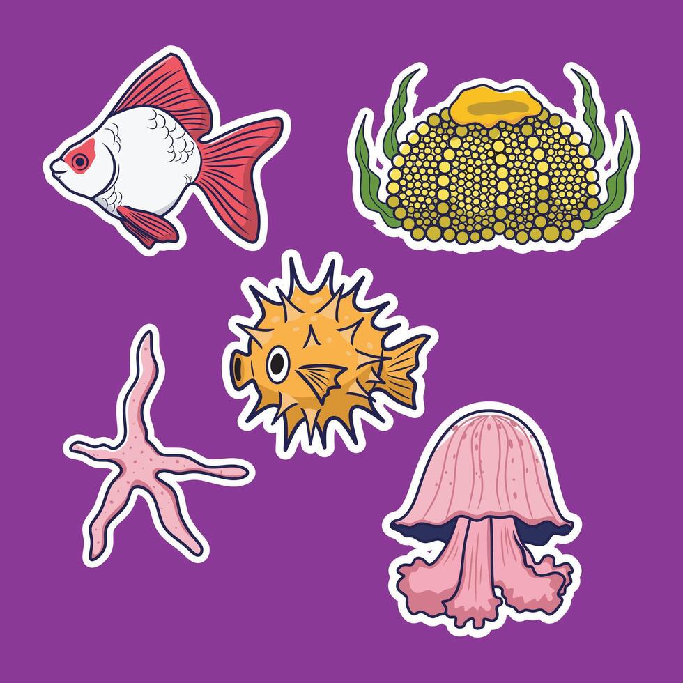 Sea animals stickers set. Starfish and pink jellyfish. Puffer fish and anemoe. Ocean flora and fauna, wild life. Cartoon flat collection isolated on purple background vector