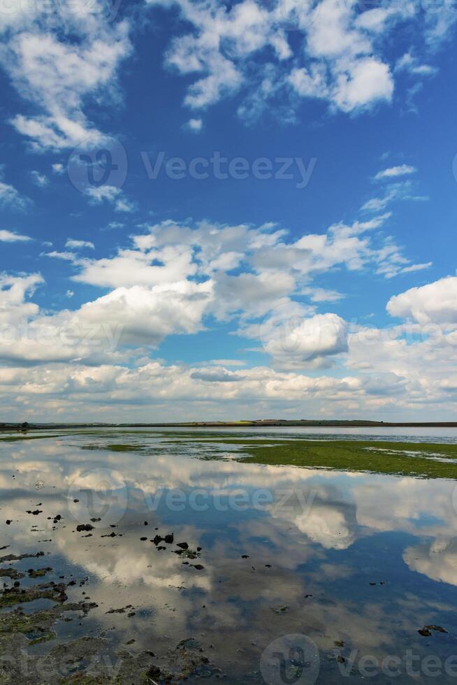 Reflection of white storm clouds in the water of the Tiligul estuary, Ukraine photo