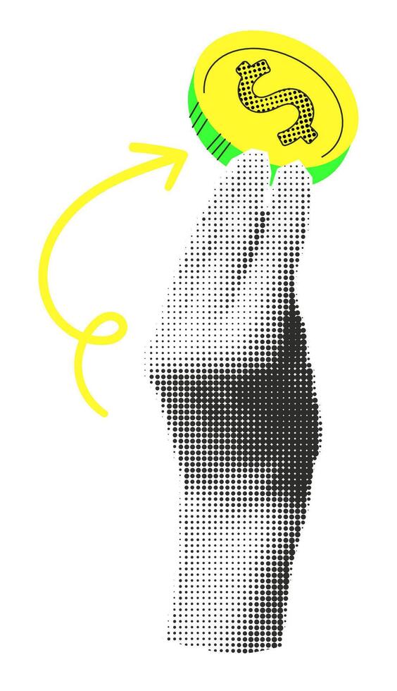 Halftone hand holding coin dollar trendy collage cut out paper sticker. Concept of money, finance, cash. Modern retro y2k illustration isolated on transparent background vector