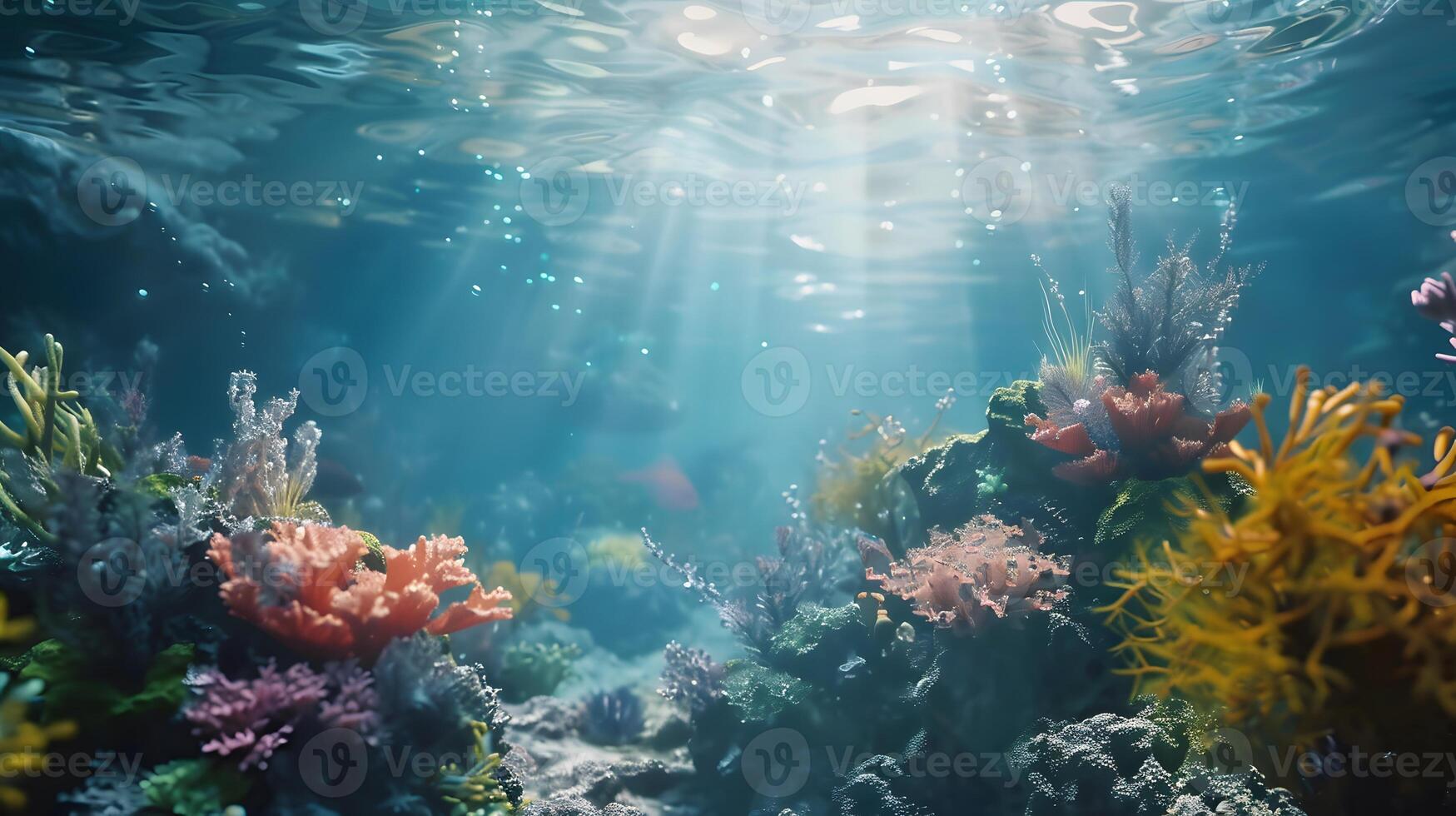 Beautiful underwater scenery with various types of fish and coral reefs photo