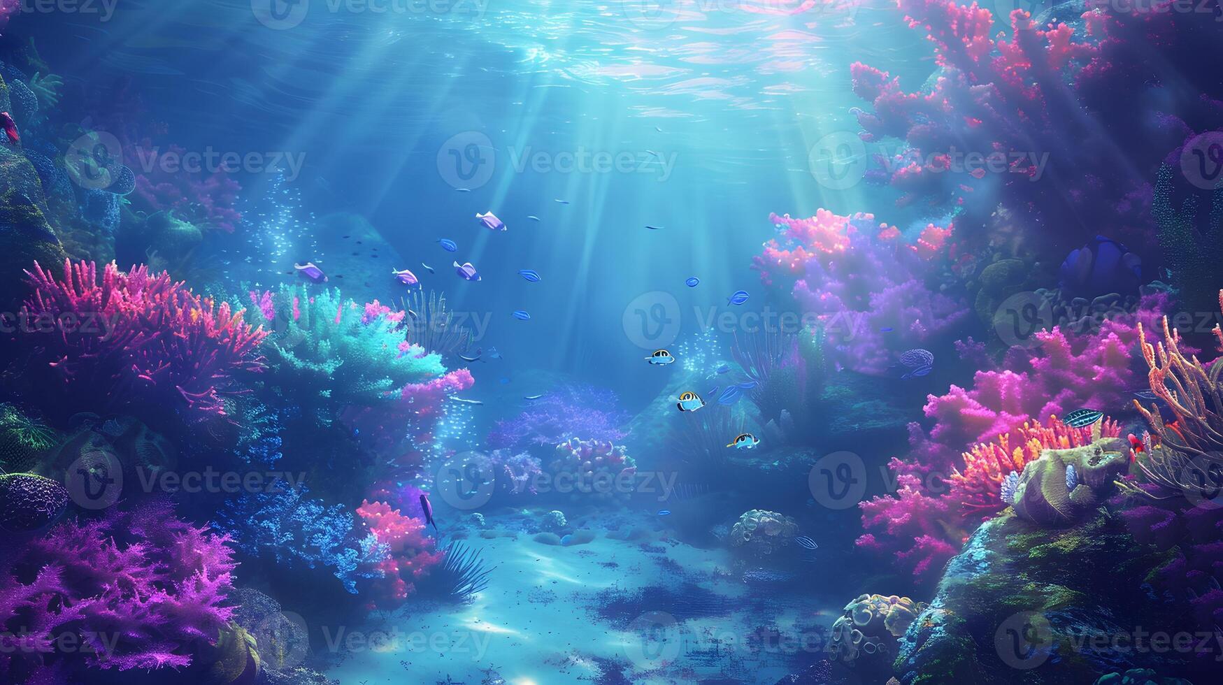 Beautiful underwater scenery with various types of fish and coral reefs photo