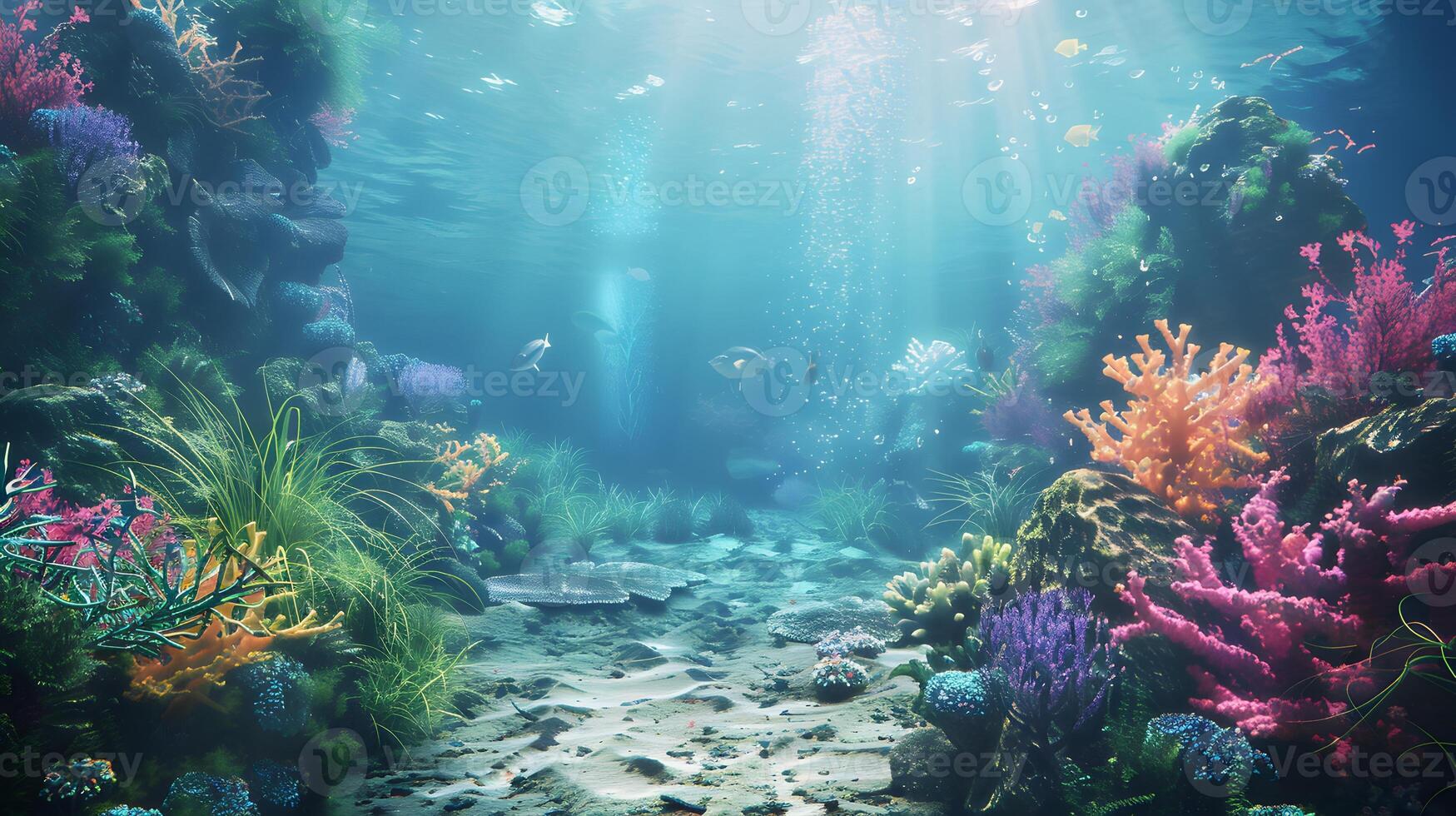 Beautiful underwater scenery with various types of fish and coral reefs photo