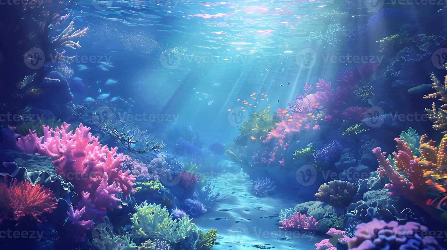 Beautiful underwater scenery with various types of fish and coral reefs photo